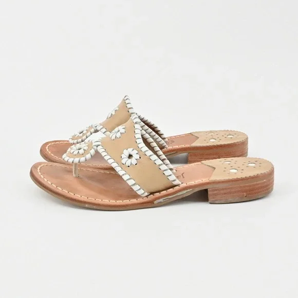 Jack Rogers Georgica Thong Sandals Womens Size 6 Tan White Leather Whipstitch - Picture 3 of 8